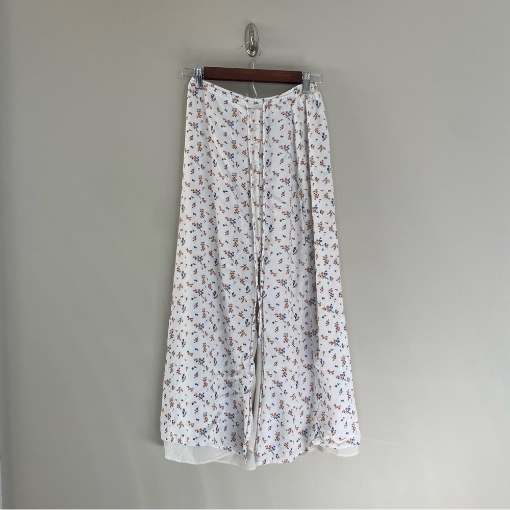 American Eagle Outfitters White Midi Skirt with Blue and Brown Floral Print